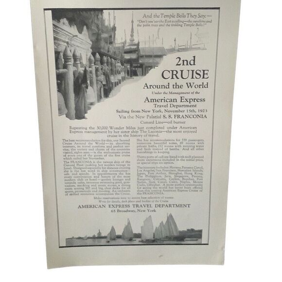 Vintage 1923 American Express Travel 2nd World Cruise Ad Advertisment - Picture 1 of 4